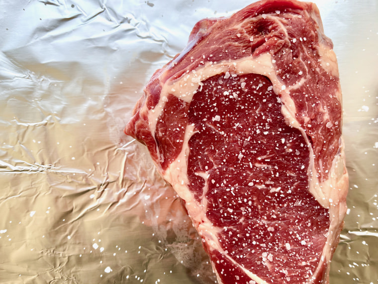 When cooking steak in the oven, you want to use a thicker cut of meat — ideally a rib-eye — rather than something thinner like a skirt steak.