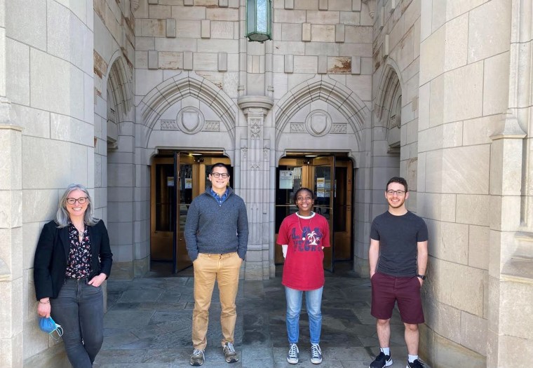 From left to right, Dr. Rachel Bezanson, Dr. Brett Andrews, Mariah Jones and Zachary Lewis all meet in person for the first time on the University of Pittsburgh campus on March 12.