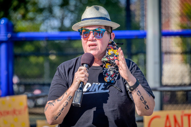 Actress and Buswick resident Lea DeLaria at Maria Hernandez Park for a rally and march in the streets of Bushwick, N.Y., demanding the city administration to cancel rent immediately on July 5, 2020.