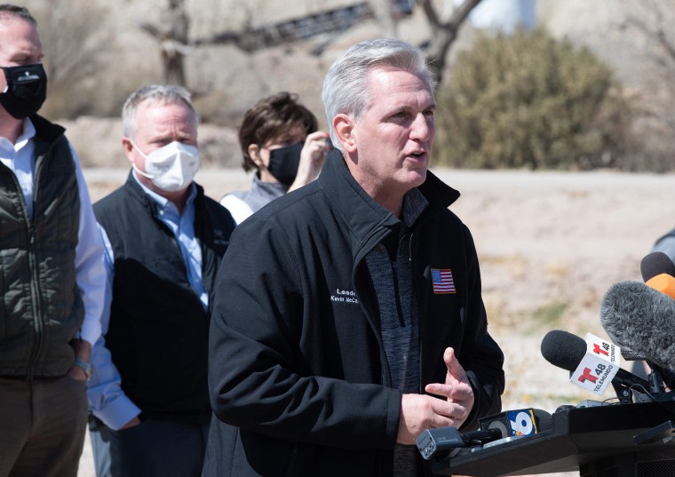 Image: House Minority Leader Kevin McCarthy addresses reporters during the congressional border delegation visit to El Paso