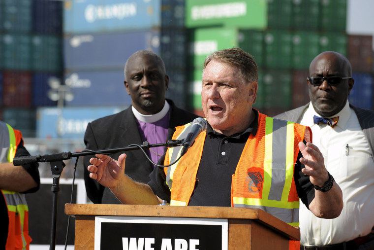 Teamsters labour union James P. Hoffa speaks at a news conference regarding truck drivers striking against what they say are misclassification of workers at the Ports of Long Beach and Los Angeles in Long Beach