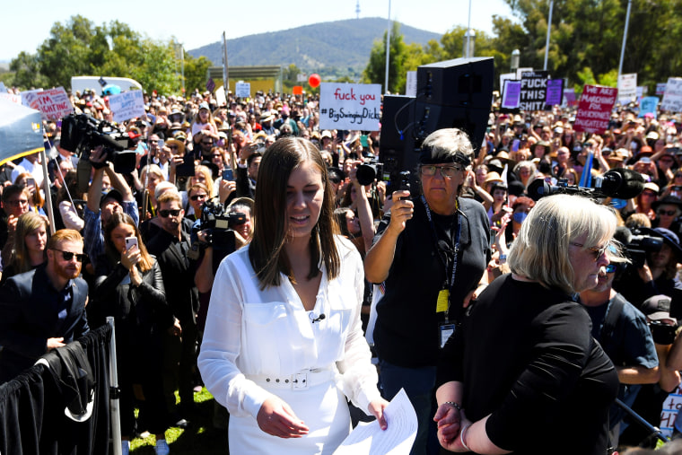 Image: Former Liberal staffer Brittany Higgins arrives to address the Women's March 4 Justice rally, held in response to the treatment of women in politics following several sexual assault allegations, in Canberra, Australia