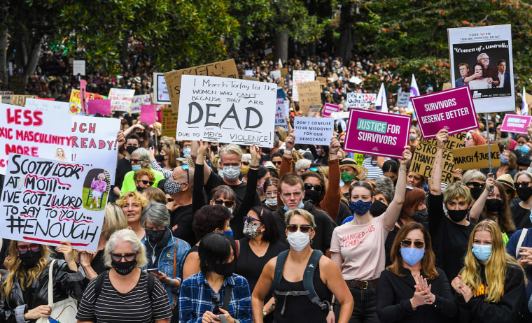 Image: People attend a protest against sexual violence and gender inequality in Melbourne