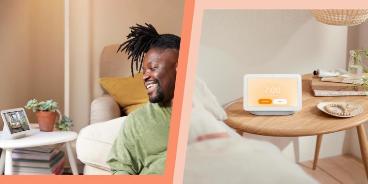 Illustration of a man looking at his Google Nest Cam feed, from his living room and a Lifestyle image of the new Google Nest Hub on an nightstand in a bright room. The Google Nest Hub second generation is here and this is what you need to know.