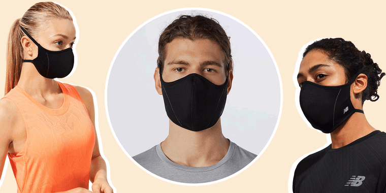 Illustration of a man and woman wearing the unisex New Balance black mask and a 360 gif of a man wearing the New Balance black mask