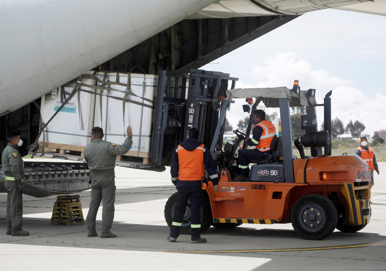 Image: China's Sinopharm vaccine arriving in La Paz, Bolivia, in February.