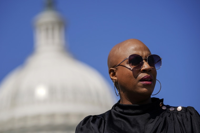 Rep. Ayanna Pressley (D-MA) speaks during a news conference outside the U.S. Capitol