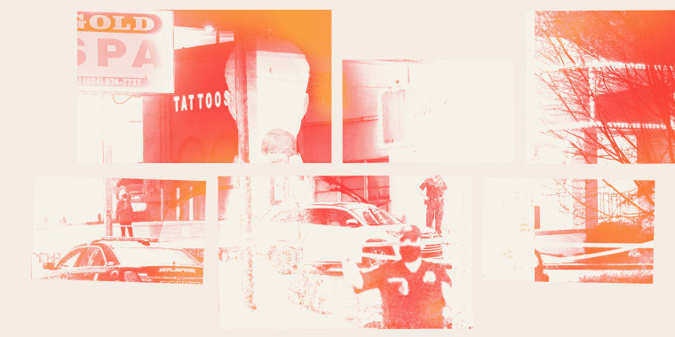 Photo illustration showing parts of the scene outside the shooting site in Atlanta, Georgia superimposed with a silhouette.
