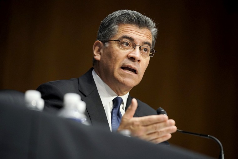 Image: Xavier Becerra testifies during a Senate Finance Committee hearing on his nomination to be secretary of Health and Human Services on Capitol Hill on Feb. 24, 2021.