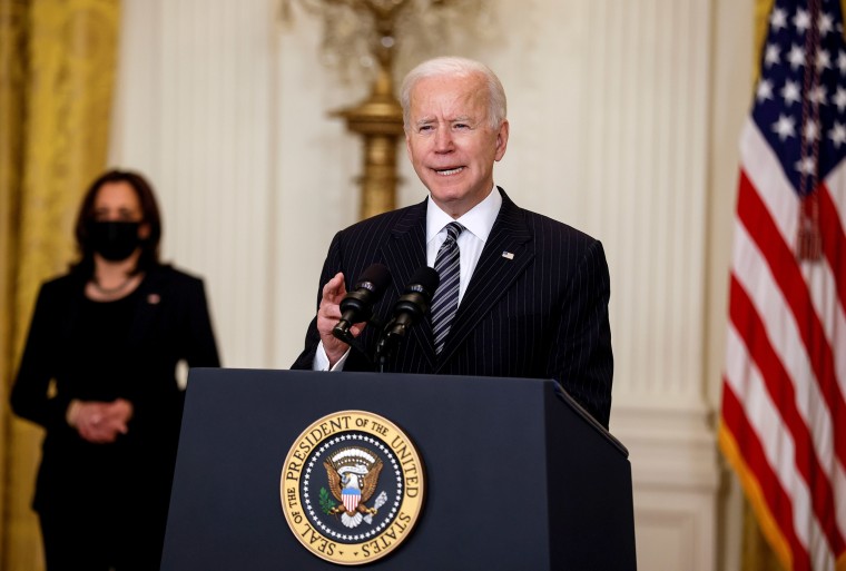 Image: President Joe Biden speaks about the state of vaccinations as Vice President Kamala Harris in the East Room at the White House,