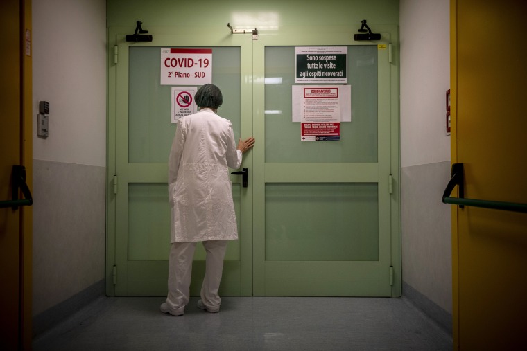 Image: The doors to a Covid-19 unit at a hospital in Rome on March 27, 2020.