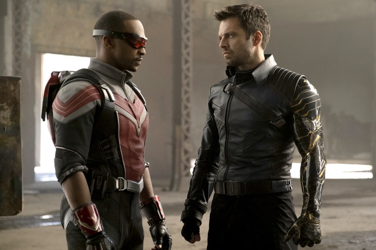 Falcon/Sam Wilson played by Anthony Mackie and Winter Soldier/Bucky Barnes played by Sebastian Stan in Marvel Studios' \"The Falcon and The Winter Soldier\" exclusively on Disney+.