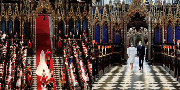 The Duke and Duchess of Cambridge returned to an area of Westminster Abbey that was part of their wedding (left) in 2011. 