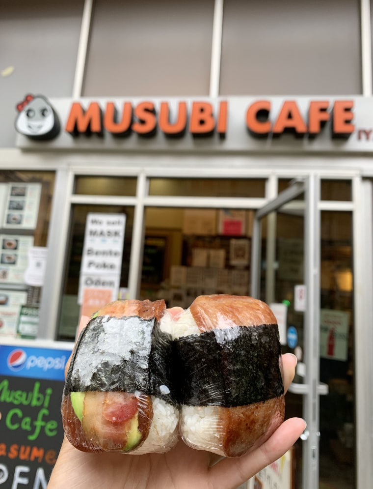 Several different kinds of Spam musubi can be found at Musubi Cafe IYASUME, in any of its five Honolulu locations. I got Original Teriyaki Spam and Avocado Bacon Spam, pictured here. 