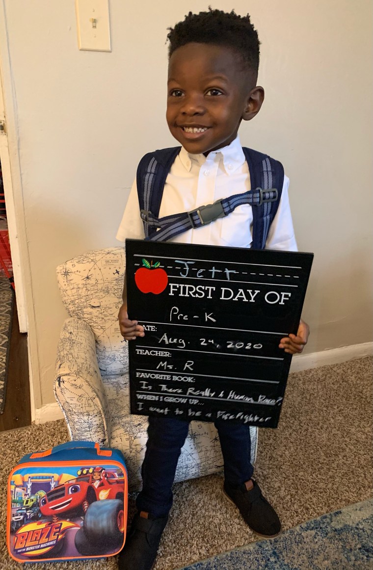Jett Hawkins, age 4, on his first day of school.