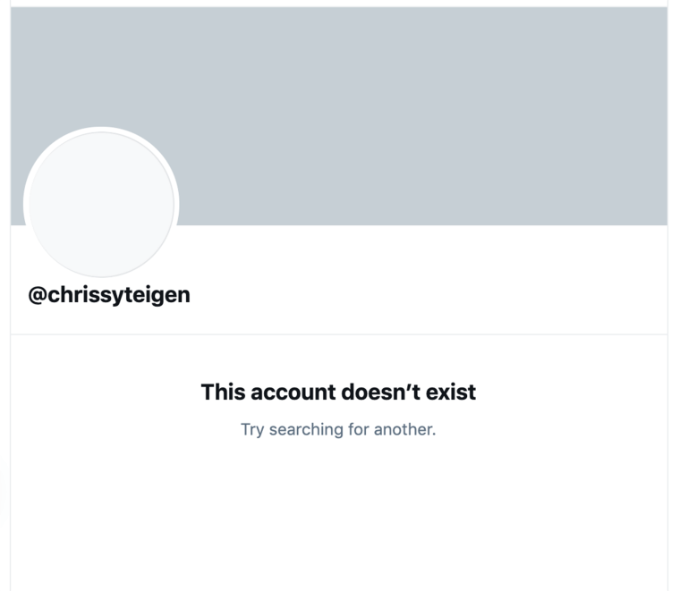 Screen shot showing Teigen's Twitter account has been deleted