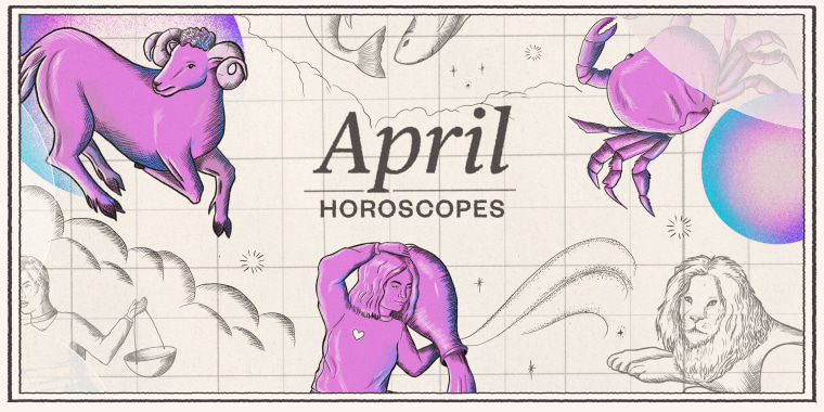 Illustration of zodiac signs that reads April horoscopes