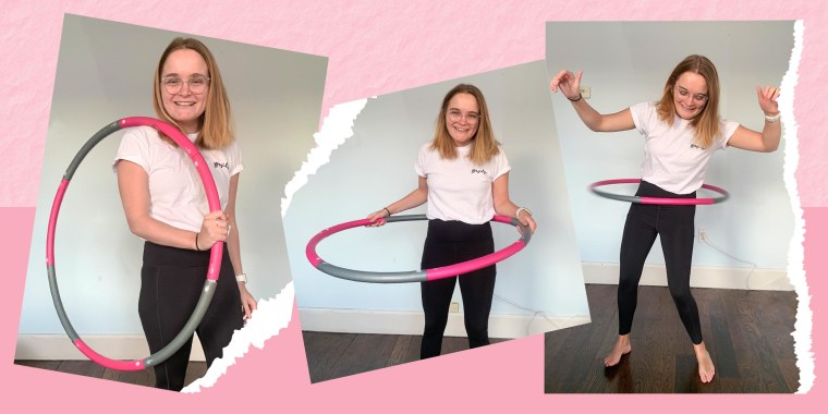 Illustration of 3 images showing Emma Stessman using a pink and grey weighted hula hoop to workout