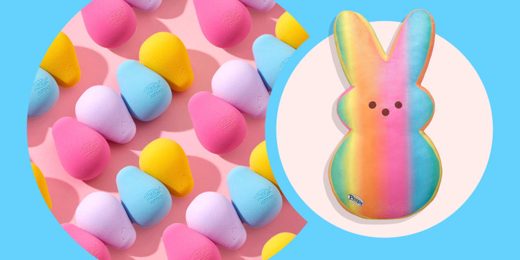 Illustration of Peeps x HipDot makeup collaboration and a rainbow Build-a-Bear shaped like a peep