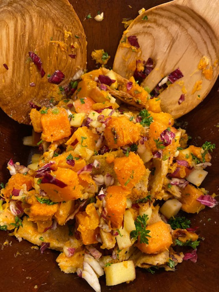 Peter's wife and two daughters joined him in the kitchen to test out the butternut squash and apple fattoush recipe.