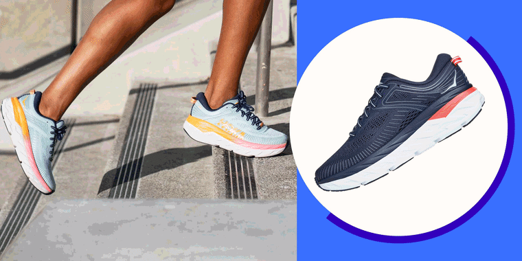 Illustration of the HOKA Bondi 7 Sneakers and an image of someone running in the Bondi 7 sneakers outside. Find out why the Hoka Bondi 7 sneakers are the best sneakers for working out in 2021. Shop the stylish and comfortable Hoka Bondi sneakers here.