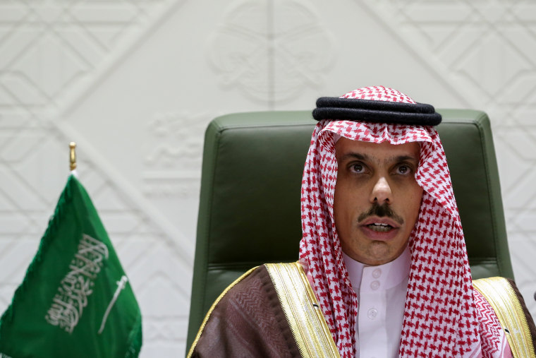 Image: Saudi Arabia's Foreign Minister Prince Faisal bin Farhan Al Saud speaks during a news conference in Riyadh