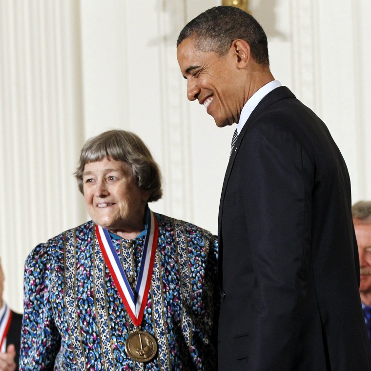 President Barack Obama, right, presents the National Medal of Technology and Innovation to Yvonne C. Brill, RCA Astro Electronics, during a ceremony in the East Room of the White House on Oct., 21, 2011.