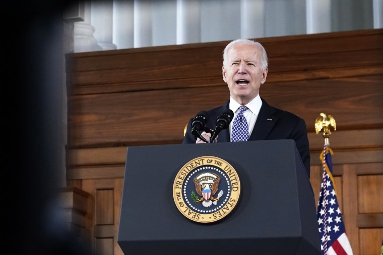 President Joe Biden speaks after meeting with leaders from Georgia's Asian-American and Pacific Islander community on March 19, 2021, at Emory University in Atlanta.