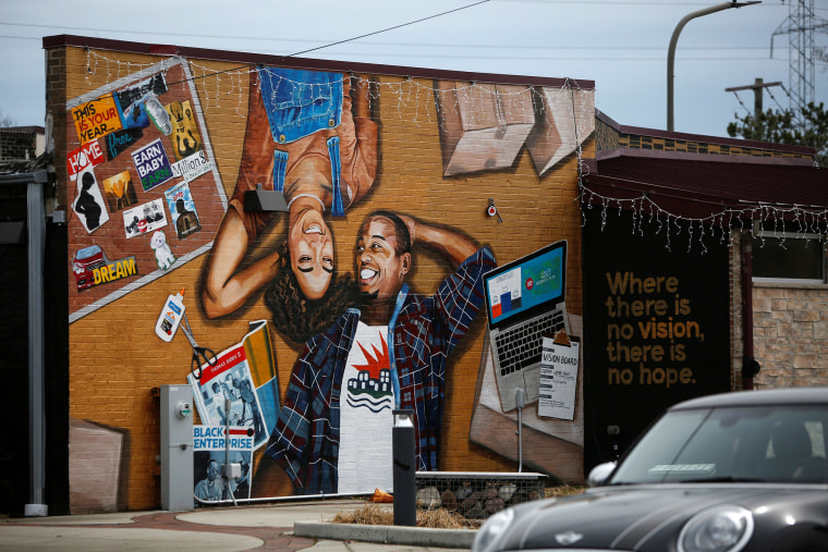 Image: A mural is displayed on Litehouse Whole Food Grill on Dodge Avenue in the Fifth Ward, known as the historic Black community, in Evanston