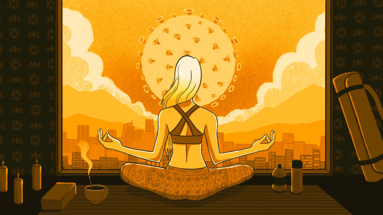 Image: Illustration shows a blonde woman practicing yoga as a sun in the shape of a Covid-19 spore rises.