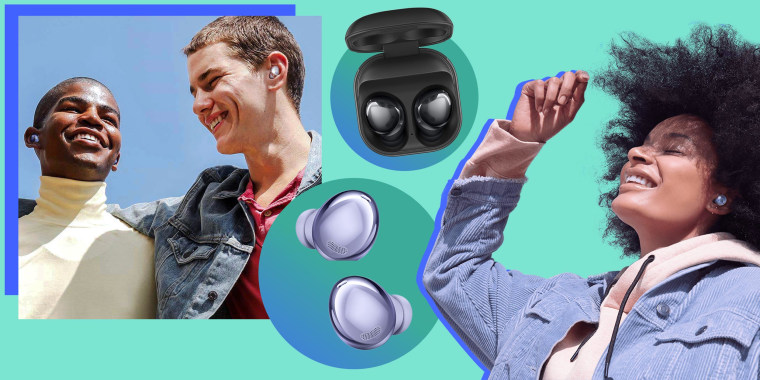 Illustration of a woman listening to music on her Samsung Galaxy Buds Pro, a pair of silver Samsung Galaxy Buds Pro, a pair of black pro's in a case and a male couple listening to music with white Pro's