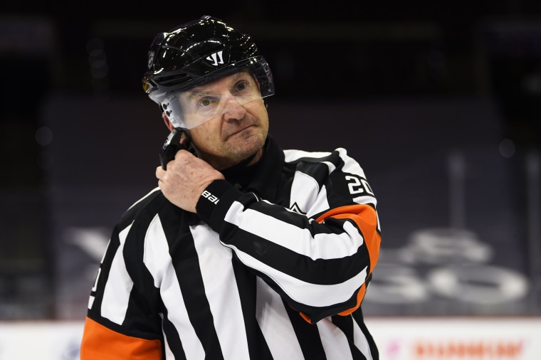 Referee Tim Peel during an NHL hockey game between the Philadelphia Flyers and the New York Islanders in Philadelphia on Jan. 30, 2021.