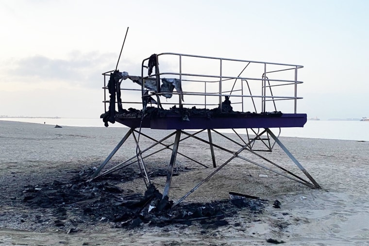 The LGBTQ lifeguard tower in Long Beach, Calif., burned to the ground on March 23, 2021.