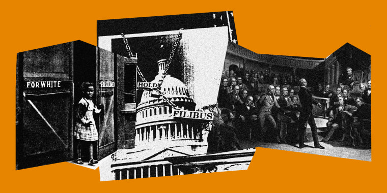Photo collage with images of a girl at a door, signs on her sides read,\"For Whites\" and \"For Colored\", the Capitol Hill with chains around it and text that reads,\"Hold\" and \"Filibuster\" and an engraving of Sen. Henry Clay speaking before the U.S. Senate.