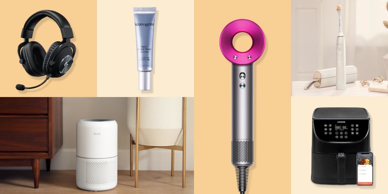 Illustration of Logitech G Pro X Wireless Gaming Headset, Levoit LV-H132 Air Purifier in white, Neutrogena Rapid Wrinkle Repair Eye Cream, the Dyson Supersonic in pink and silver, a black Cosori Air Fryer and the Philips Sonicare DiamondClean Smart 9300