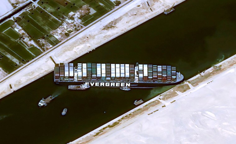 Image: Satellite image shows stranded container ship Ever Given after it ran aground in Suez Canal