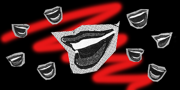 Photo illustration of multiple cut-outs of laughing mouths.