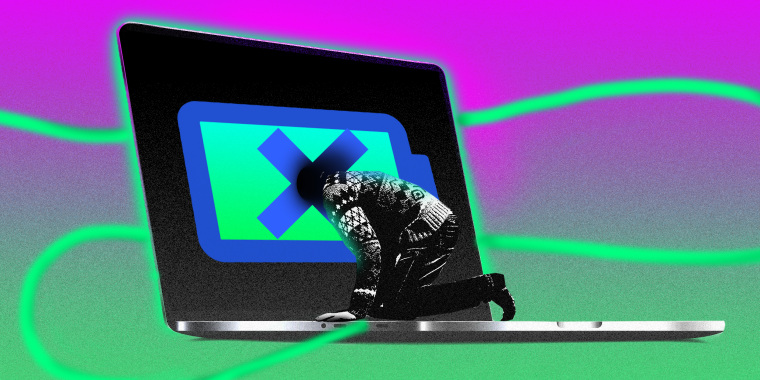 Photo illustration of a person looking into a life sized laptop screen that has a cross over a battery symbol. The laptop's wire run across the image.