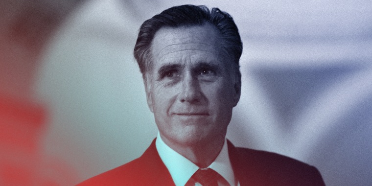 Image: Close-up of Senator Mitt Romney will a red and blue color overlay.
