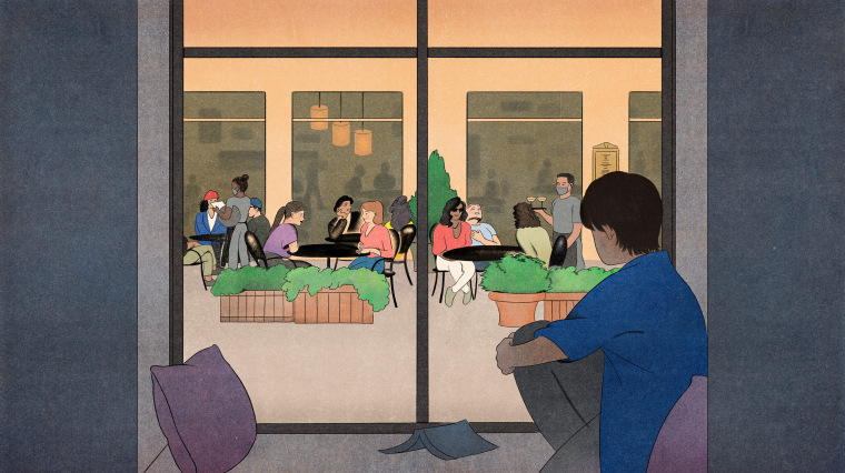 Image: Illustration of a person near a window watching people dine outside at a restaurant across the street.
