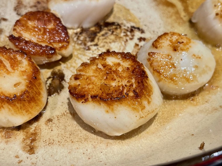 Let them cook for 1 to 3 minutes (depending on the size of the scallop), until a crust has formed at the bottom. Flip the scallops over and cook for an additional 1 to 3 minutes.