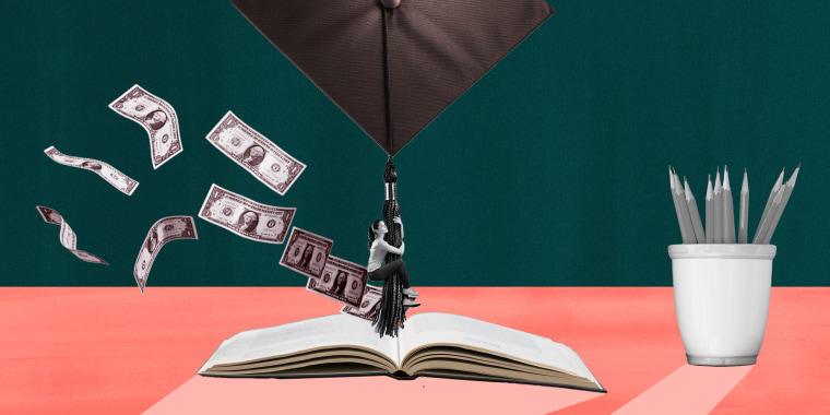 Photo collage of woman hanging off graduation cap onto an open book with money flying around her