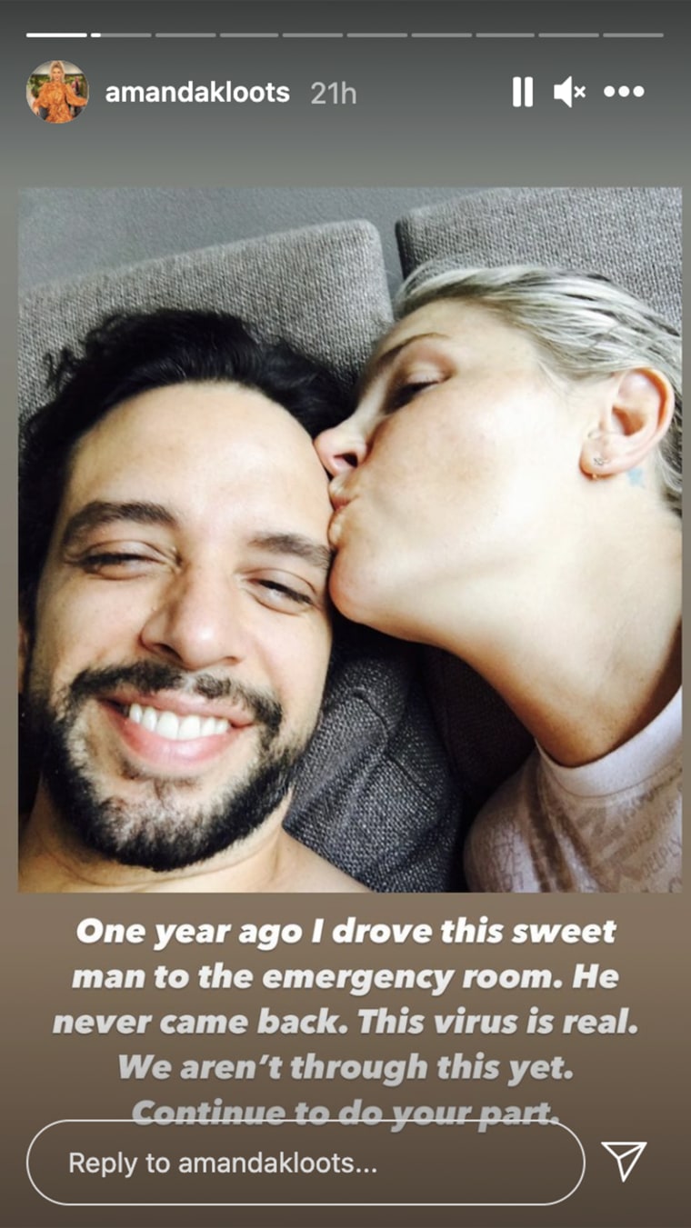 Amanda Kloots shared this image and message on her Instagram Stories one year after taking her husband, Nick Cordero, to the hospital. 
