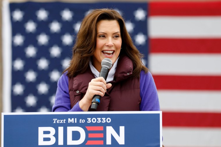 Michigan Governor Gretchen Whitmer talks with people at a Vice Presidential campaign stop at IBEW Local 58 on Oct. 25, 2020 in Detroit, Mich.