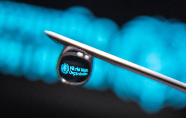 Image: World Health Organization logo is reflected in a drop on a syringe needle,