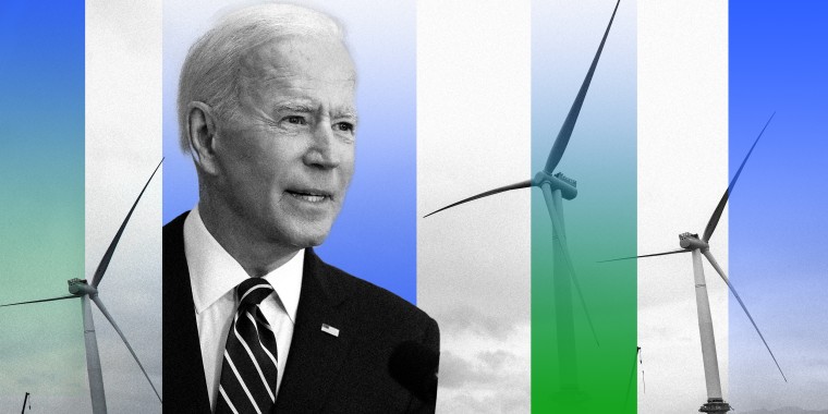 Photo illustration of U.S. President Jose Biden against a background of offshore wind turbines.