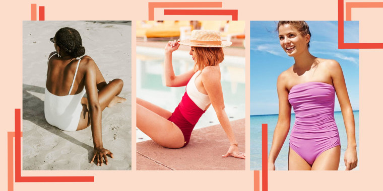 Illustration of a woman sitting by the pool wearing a red Summersalt The Sidestroke one-piece bathing suit, woman wearing the Andie Amalfi in white, at the beach and the J.Crew Ruched Bandeau One-Piece Swimsuit