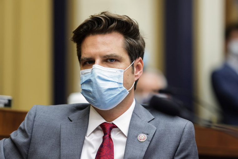 Image: Rep. Matt Gaetz, R-Fla., during a hearing on Capitol Hill on July 29, 2020.