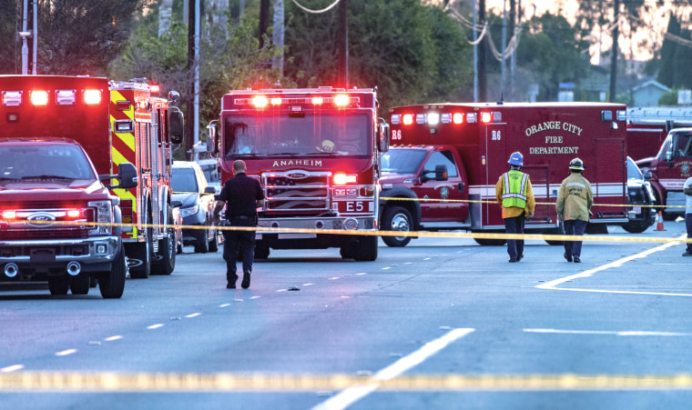 The Orange Police Department along with Orange Fire Department and the Anaheim Fire Department respond to a shooting with multiple victims at 202 West Lincoln Avenue in Orange, Calif., on March 31, 2021.