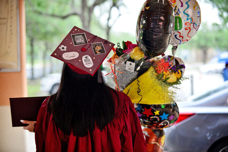 A student's decorated graduation cap at Pembroke Pines Charter High School on May 15, 2020 in Pembroke Pines, Fla.